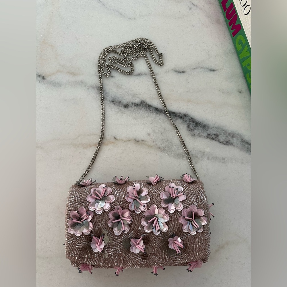 Embellished Pink Floral Crossbody Bag with Chain Strap